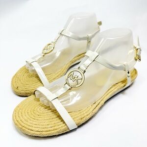 Michael Kors White T-Strap Espadrille Sandals with Gold MK Medallion